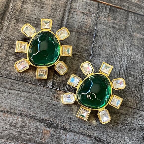 NEW Emerald & Gold Statement Earrings - Picture 1 of 12